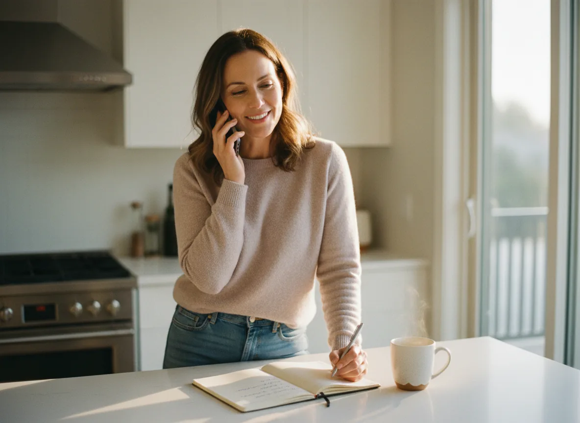 An adult on a phone call at a sunlit kitchen counter, taking notes about medical transport options