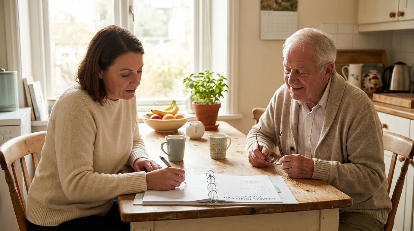 Daughter reviewing a medical transport checklist with her elderly father at the kitchen table