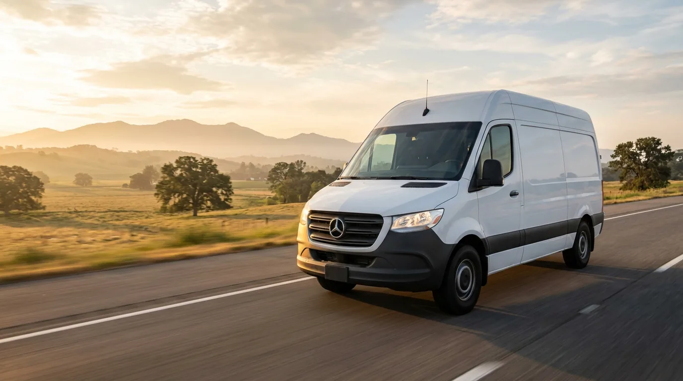 White medical transport van traveling a rural highway at sunrise, mountains in the distance